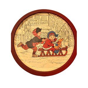 Vintage Wangs Intl. Inc. 1989 Metal Tray Snow Sled Boy Girl Dog Christmas Winter